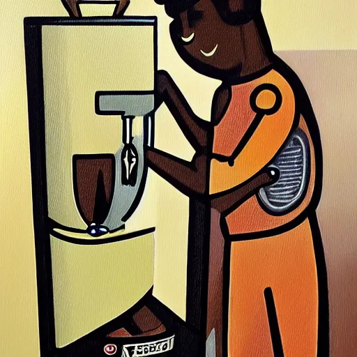 Prompt: a painting of a humanoid espresso machine that makes coffee from human souls