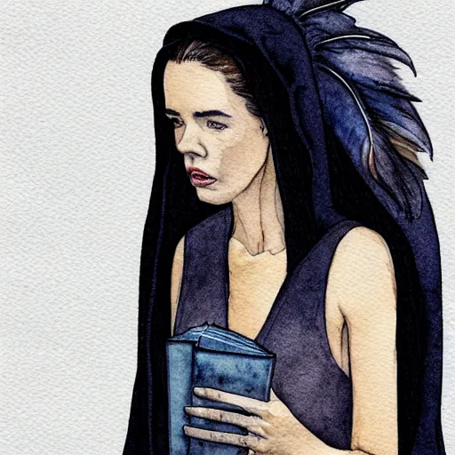 Image similar to full body detailed watercolor illustration of alien jennifer connelly mixed with anya taylor - joy, reading a book, unsettling, hooded long black feathered cloak, uncanny valley, with black feathers instead of hair, gothic, guillermo del toro, gray mottled skin, pale and sickly, profile view, - - ar 9 : 1 6