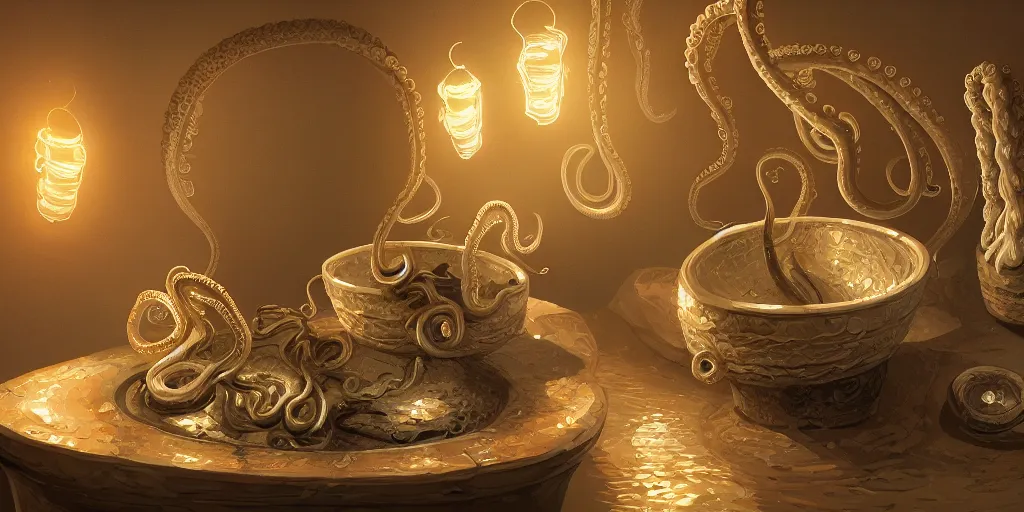 Image similar to toilet bowls with tentacles, digital artstation painting 8k intricate dramatic light