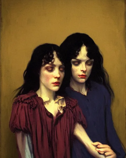 Image similar to a baroque painting of two beautiful but creepy siblings wearing linen shirts in layers of fear, with haunted eyes and dark hair, 1 9 7 0 s, seventies, wallpaper, a little blood, morning light showing injuries, delicate embellishments, painterly, offset printing technique, by brom, robert henri, walter popp