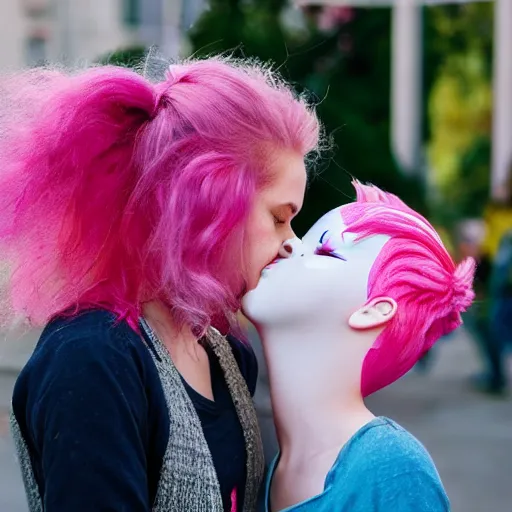 Image similar to teenager with pink hair kissing a clown girl