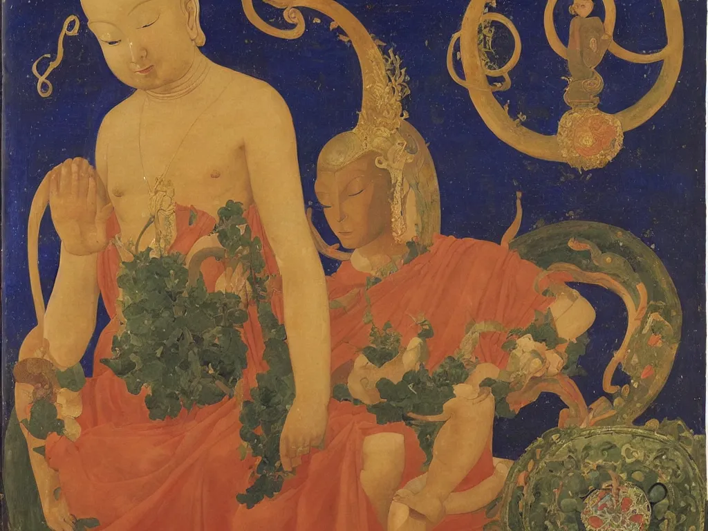 Image similar to Portrait of a Buddhist deity with cornucopia at night. Lapis Lazuli, malachite, cinnabar, gold. Painting by Piero della Francesca, Balthus, Agnes Pelton