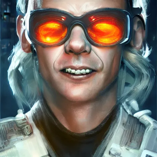 Image similar to cyberpunk, closeup portrait of a cyberpunk entertainer, blond hair, grey eyes, sadistic smile, delicate jaw, dramatic light, city background, sunset, dystopian setting, high contrast, sharp, neuromancer, peter riviera, painted by stanley lau, painted by greg rutkowski, painted by stanley artgerm, digital art, trending on artstation