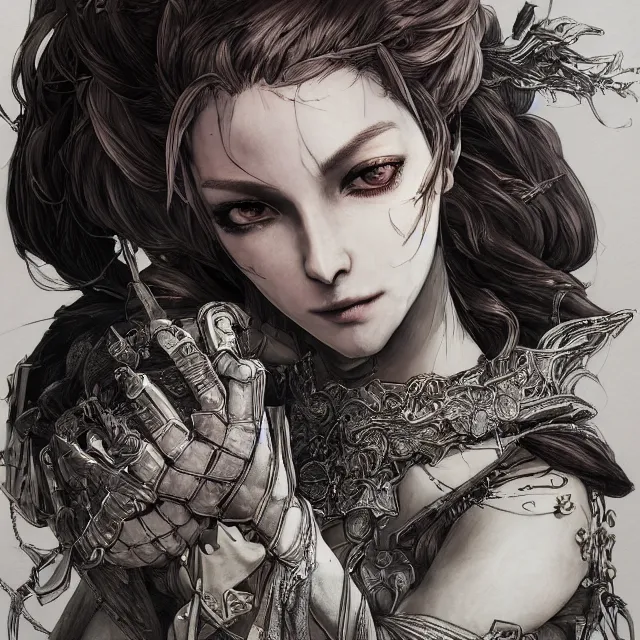 Image similar to the portrait of neutral evil fallen female knight vagabond as absurdly beautiful, gorgeous, elegant, sophisticated, woman, an ultrafine hyperdetailed illustration by kim jung gi, irakli nadar, intricate linework, bright colors, octopath traveler, final fantasy, unreal engine 5 highly rendered, global illumination, radiant light, detailed and intricate environment