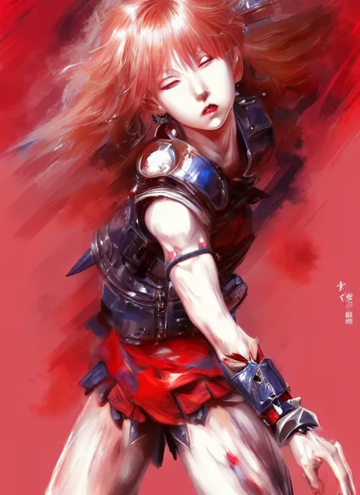 Image similar to fullbody!! yoshitaka amano and ayami kojima gorgeous girl symmetrical face, short red hair, crop top, shorts, dynamic action pose, hyper detailed, character concept, intricate, elegant, digital painting, artstation, smooth, sharp focus