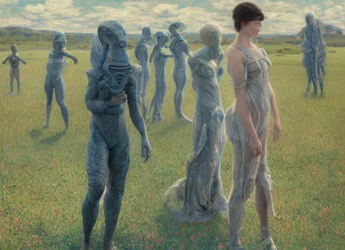 Prompt: people exterior futuristic field, figures, in the style of jeremy enecio, intricate, miles johnston, monet, cynical realism, john william godward, painterly, yoshitaka amano, miles johnston, louise zhang, matt murphy, enes dirig, pekka halonen, finnish naturalism, realism