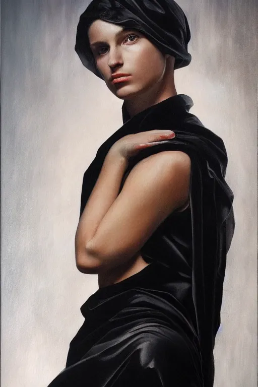 Prompt: hyperrealism mixed with classicism, oil painting, close - up portrait of one fashion model near one cyborg, fully clothes in black reflect robe, complete darkness, in style of classicism mixed with 8 0 s sci - fi hyperrealism