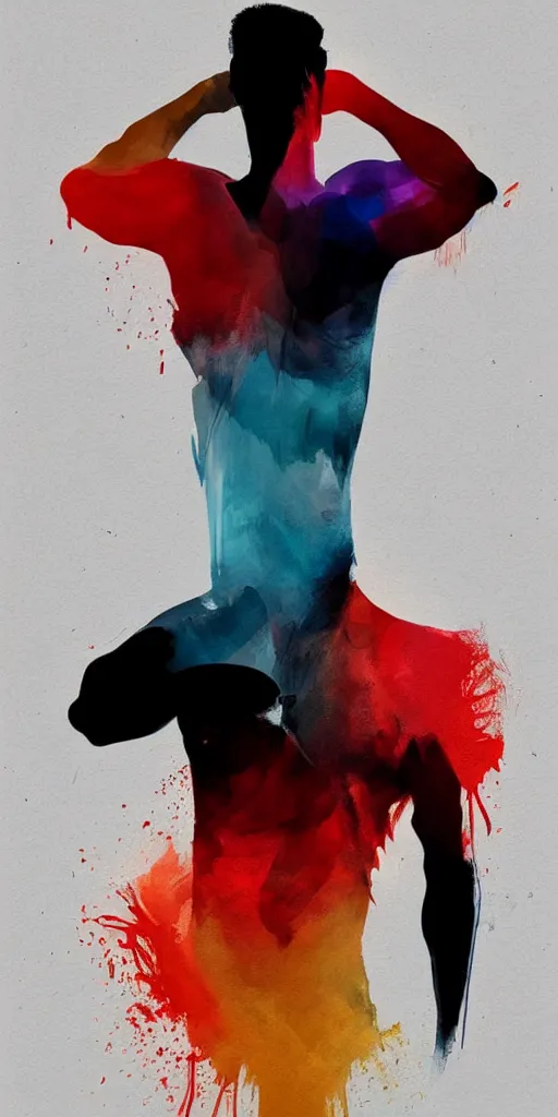 Image similar to abstract flowing brush strokes of the torso of one athletic man posing dramatically with no face, outline, matte paint colors, conrad roset, dark background, painting trending on artstation