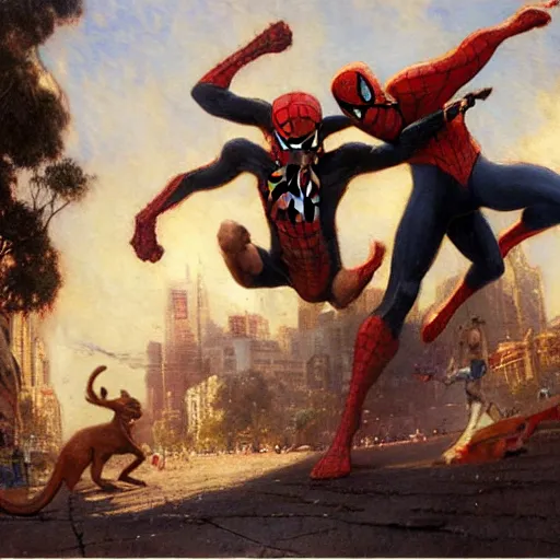 Prompt: a giant kangaroo fighting a giant spiderman on the streets of sydney by gaston bussiere, craig mullins, j. c. leyendecker