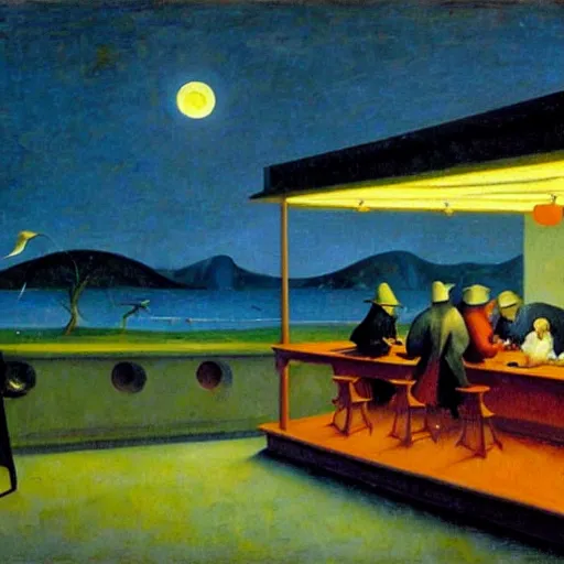 Image similar to oil painting by hieronymous bosch of edward hopper's nighthawks.