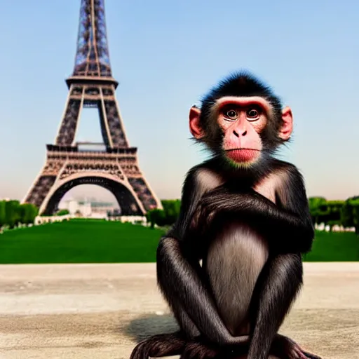 Image similar to high quality portrait of a monkey in front of eiffel tower, studio photograph, photograph, realistic photo, 8k photo, 4k photo, stock photo, high resolution, cinematic shot, high detail