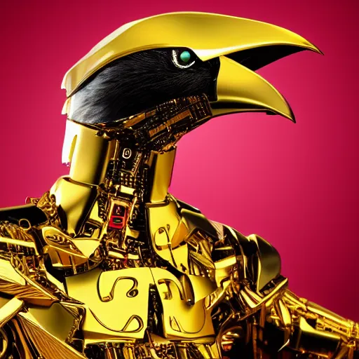 Prompt: a cybernetic anthropomorphic crow, golden metal, 4K