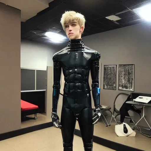 Image similar to “a realistic detailed photo of a guy who is an attractive humanoid who is half robot and half humanoid, who is a male android, twitch streamer Ninja Tyler Blevins, shiny skin, posing like a statue, blank stare”