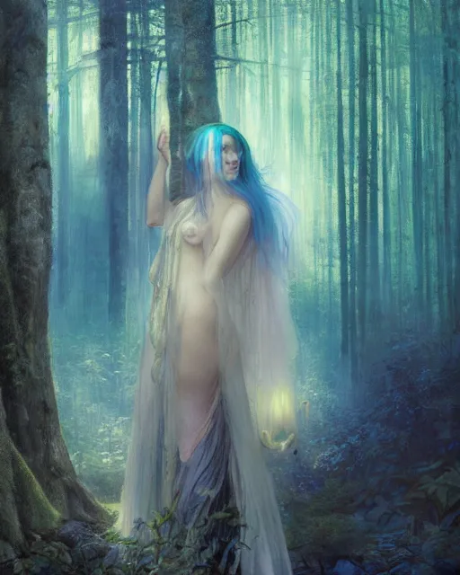 Prompt: pale woman portrait with blue hair standing in a forest with iridescent tree bark, myst, dawn, dramatic lighting, gerald brom, nekro borja, rembrandt, alphonse mucha,