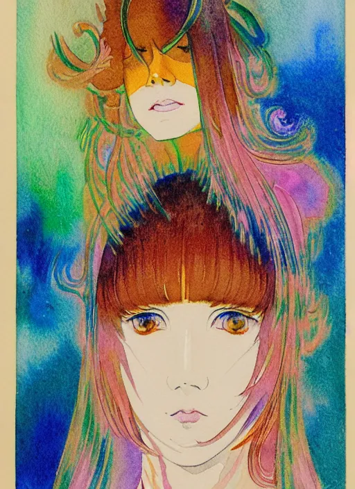 Image similar to vintage 7 0 s anime watercolor by makoto maruyama, a portrait of a lady with colorful face - paint enshrouded in an impressionist watercolor, representation of mystic crystalline fractals in the background by william holman hunt, art by cicley mary barker, thick impressionist watercolor brush strokes, portrait painting by daniel garber, minimalist simple pen and watercolor