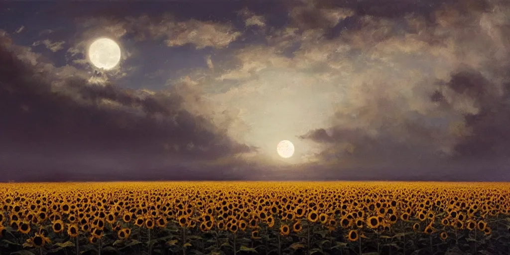 Image similar to A hyper realistic oil painting of a sunflower field at night, gentle light of the moon, high contrast, clouds in the sky, mist in the distance, by Greg Rutkowski, trending on artstation