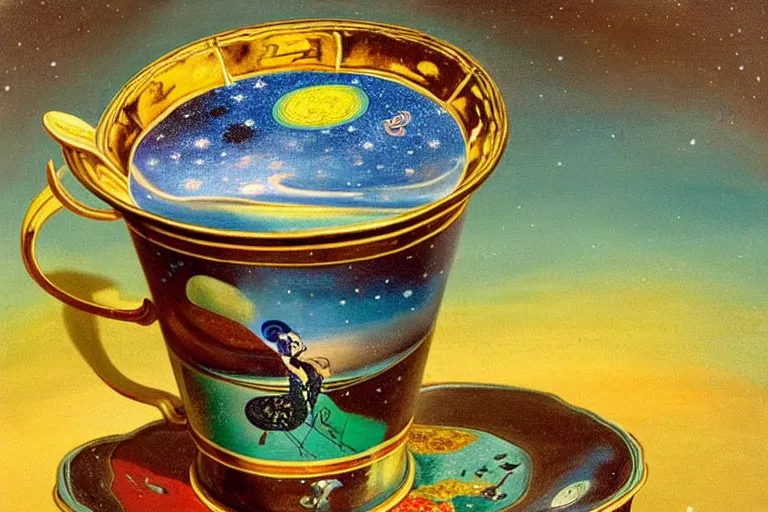 Image similar to painting of Starry cosmos trapped in vintage enameled cup of tea By Salvador Dali