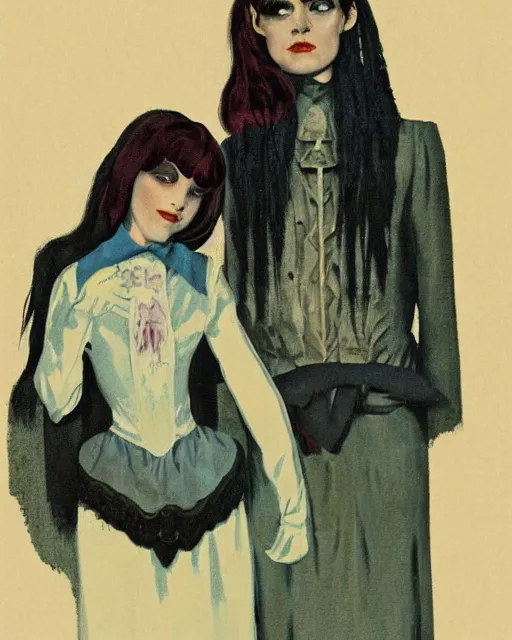 Prompt: a beautiful and eerie vintage pulp illustration of two beautiful but creepy siblings wearing vivienne westwood collars in layers of fear, with haunted eyes and dark hair, 1 9 7 0 s, seventies, wallpaper, a little blood, morning light showing injuries, delicate embellishments, painterly, offset printing technique, by brom, robert henri, walter popp