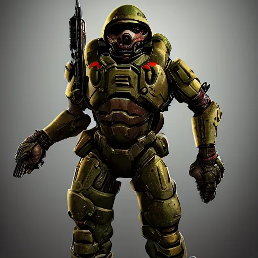 Image similar to doom slayer as ww 2 american soldier, photography, full height, front view, golden ratio