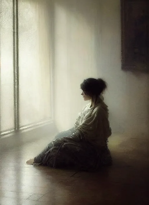 Prompt: a portrait of beautiful woman sitting in the floor, inside a modern apartment, intricate oil painting, hyperdetailed, misty, ethereal, dramatic lighting, by jeremy mann and ruan jia and lawrence alma - tadema