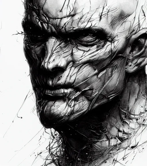 Image similar to portrait of menacing bald man with burn scars in scale armor, pen and ink, intricate line drawings, by craig mullins, ruan jia, kentaro miura, greg rutkowski, loundraw