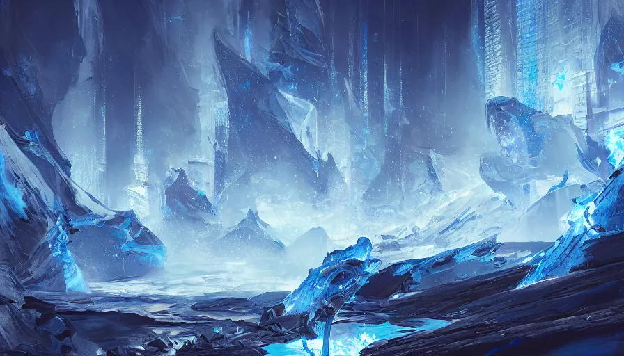Image similar to river of blue fire, ice color scheme, intricate detailed painting, blue flames, low angle, morning, artstation, james paick