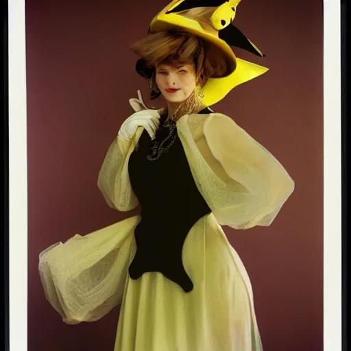 Image similar to elegant woman dressed up as pikachu, art photo by Annie Liebovitz and Alphonse Mucha