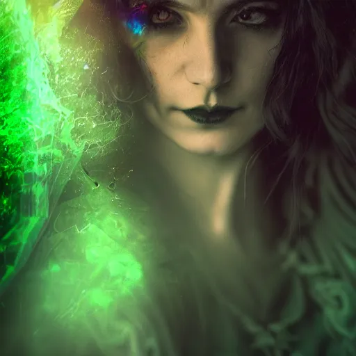 Image similar to a portrait of a necromancer, green aura ,Grim fantasy, D&D, HDR, natural light, shoulder level shot, dynamic pose, award winning photograph, Mucha style, 8k,