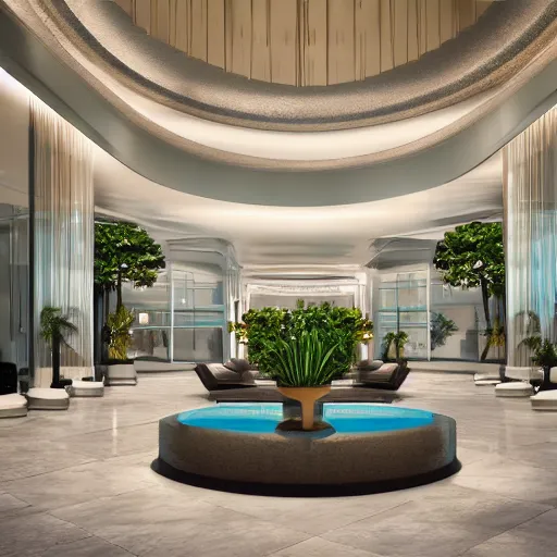 Image similar to realistic luxury hotel lobby interior in miami with pools in the background, 4 k, v - ray, detailed