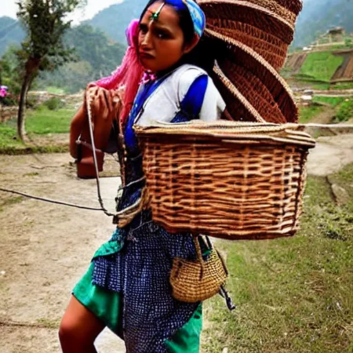 Prompt: doja cat dressed as nepali girl, carrying a basket in a village