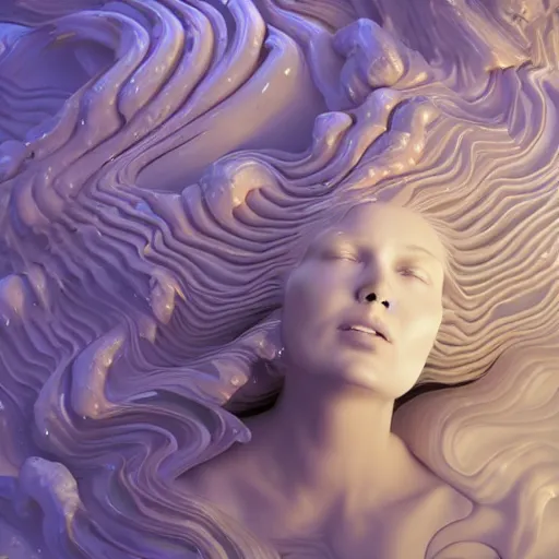 Image similar to 3 d fluid simulation render, octane render, xparticles, white colors, female bodies, female body covered in white blanket, white carved abstract sculpture, amethyst mineral quartz, swirly curls, abstract white fluid, golden edges and fractals, cold colors, artstation,