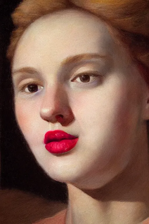 Prompt: hyperrealism, close-up portrait of woman with smeared lipstick, soft light, in style of classicism