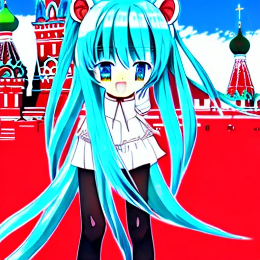 Image similar to hatsune miku on the moscow red square, high detailed anime art, trending on pixiv