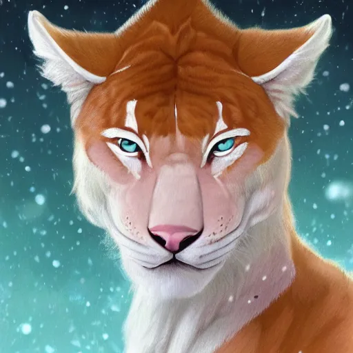 Image similar to aesthetic portrait commission of a albino male furry anthro Liger wearing a cute mint colored cozy soft pastel winter outfit, winter Atmosphere. Character design by charlie bowater, ross tran, artgerm, and makoto shinkai, detailed, inked, western comic book art, 2021 award winning painting