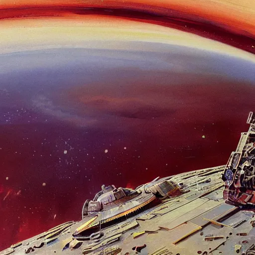 Image similar to painting of a spaceship approaching a dusty reddish brown crater, john berkey