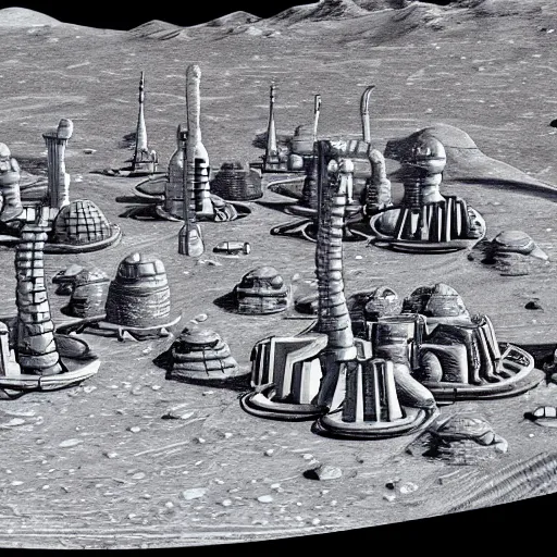 Prompt: an alien city on the moon made entirely from cheese. digital illustration. highly detailed. bizarre. seen through a telescope.