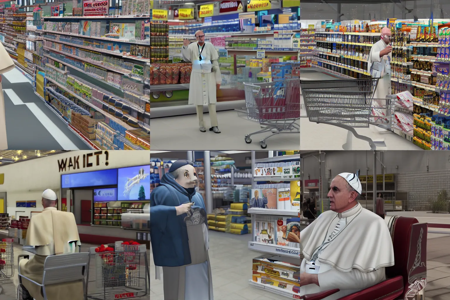 Prompt: the pope in a Walmart, GTA V gameplay screenshot, sharp, Unreal Engine 5, very detailed shading
