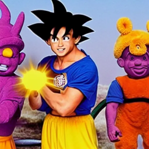 Prompt: goku and dog the bounty hunter playing with the teletubbies