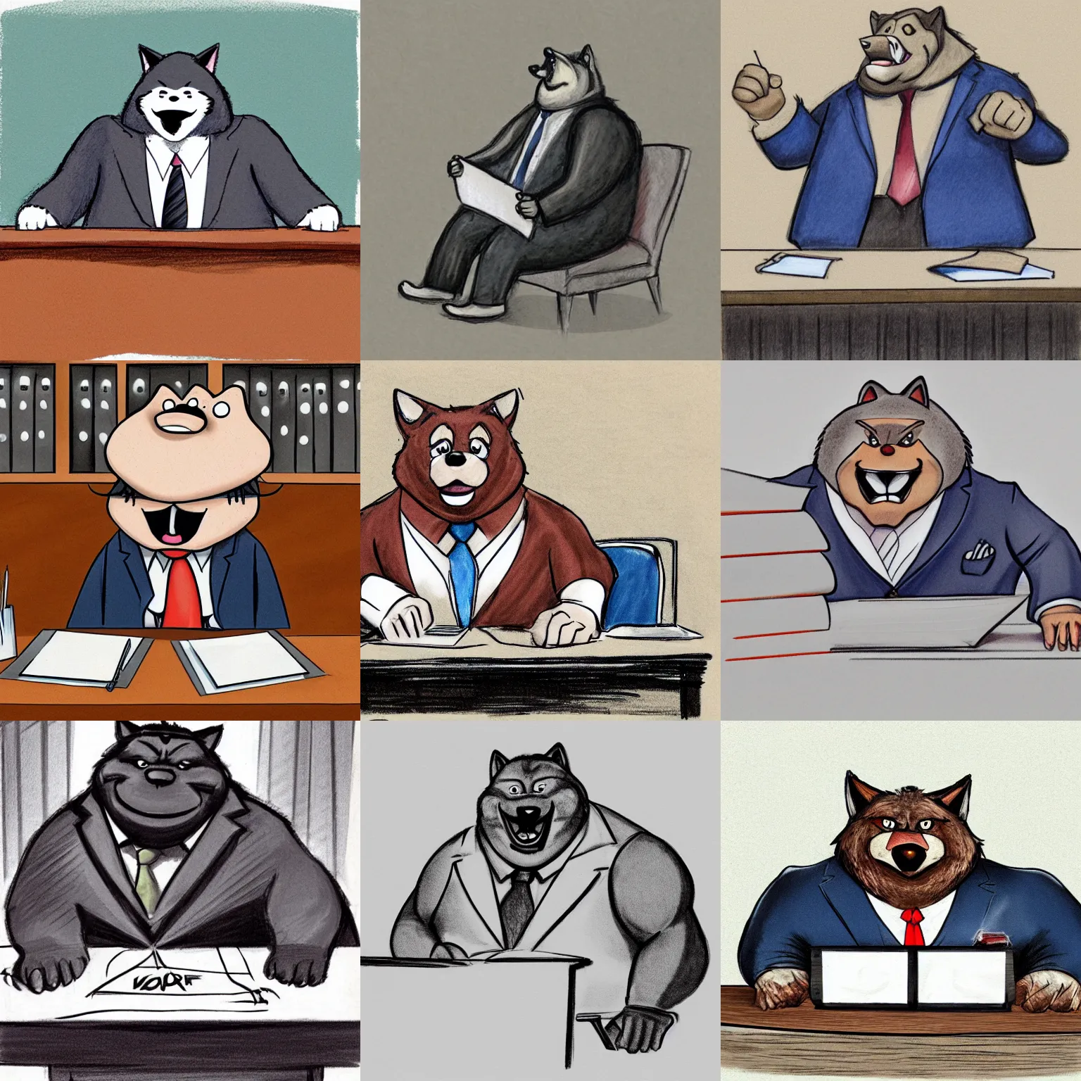 Prompt: courtroom sketch of a fat muscular anthropomorphic wolf wearing a suit sitting at a desk doing paperwork, furry art, furry wolf, fat muscular wolf, dynamic pose