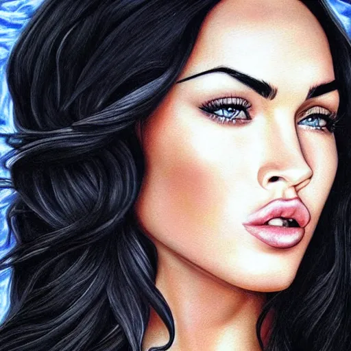 Image similar to “Megan Fox airbrush paintings, ultra detailed portrait, 4k resolution”