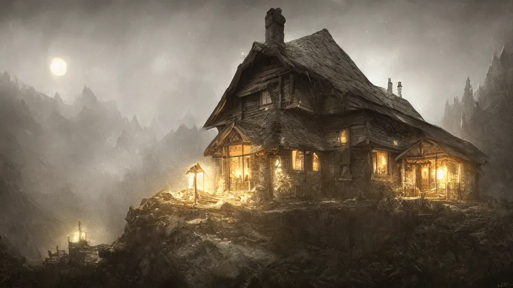 Prompt: A dark decrepit cottage on a mountaintop at night, by Bastien LeCouffe-Deharme, hyperrealistic, V-Ray 8k UHD