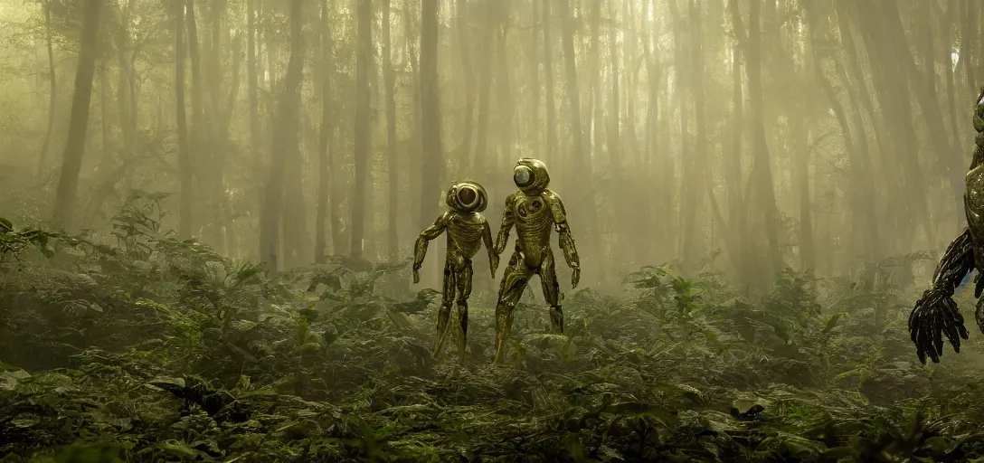 Prompt: a nasa astronaut visiting a complex organic fractal metallic symbiotic ceramic humanoid megastructure creature in a swampy lush forest, foggy, sun rays, cinematic shot, photo still from movie by denis villeneuve, wayne barlowe