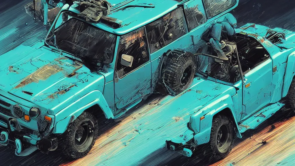 Image similar to digital illustration of a futuristic faded cyan mad max's fj 4 0 decrepit!!!! pursuit special, rusty!!! cyberpunk nissan fj cruiser heavily modded 1 9 9 0 s, the last v 8 interceptor by makoto shinkai, ilya kuvshinov, lois van baarle, rossdraws, basquiat