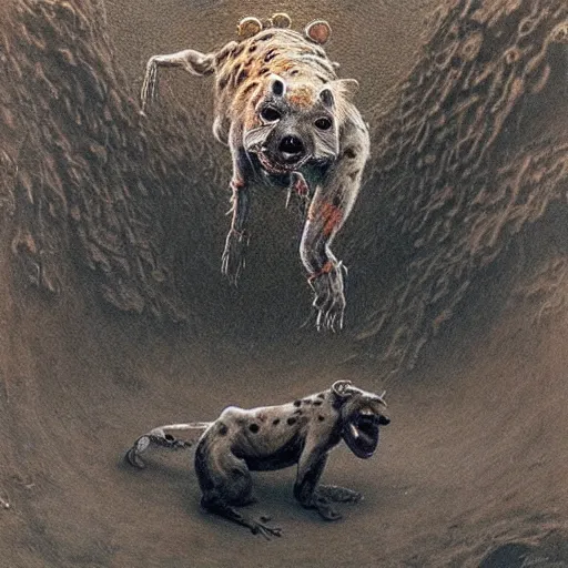 Image similar to spider morphed with a hyena, in sewer, highly detailed beksinski art