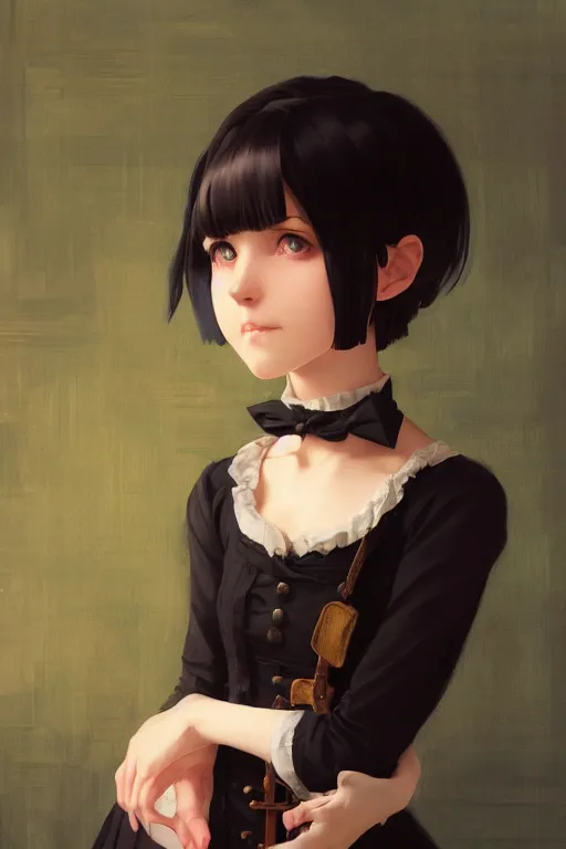 Image similar to a portrait of a cute young Victorian maid with black bob cut hair, steampunk setting, vivid colors, soft lighting, atmospheric, cinematic, moody, in the style of Ilya Kuvshinov and Range Murata, Krenz Cushart, oil on canvas, 8k