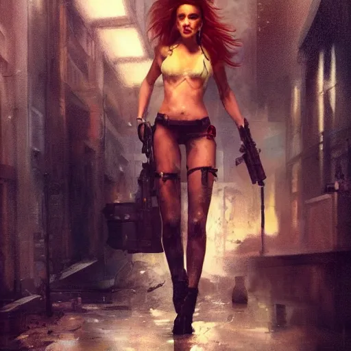 Image similar to bella thorne with gun, hyperrealistic full figure, bladerunner street alley, art of elysium by frank frazetta and by jeremy mann, fantasy art, photo realistic, dynamic lighting, artstation, full figure poster, volumetric lighting, very detailed face, 4 k, award winning