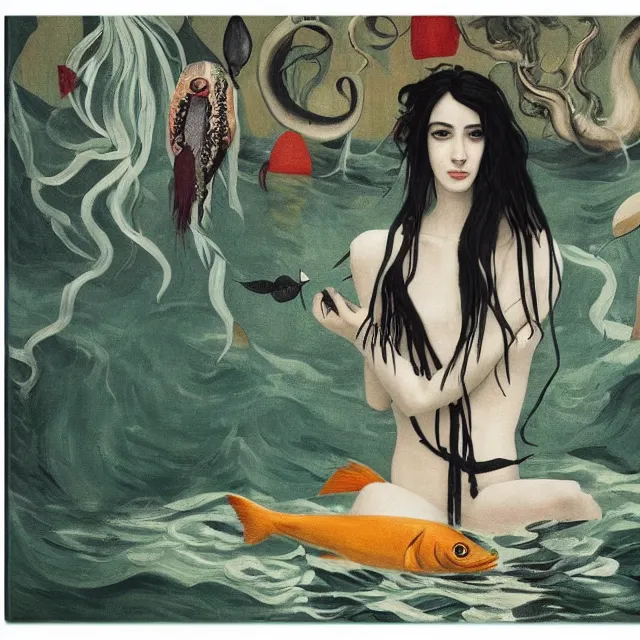 Image similar to tall emo female artist holding a large fish in her flooded apartment, seaweed, pomegranates, octopus, water gushing from ceiling, painting of flood inside an artist's apartment, a river flooding indoors, ikebana, zen, rapids, waterfall, black swans, canoe, berries, acrylic on canvas, surrealist, by magritte and monet