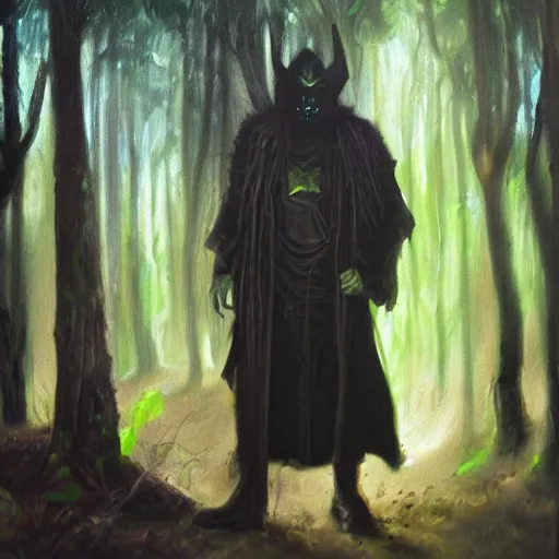 Prompt: warlock in the forest, realistic oil painting, dark light