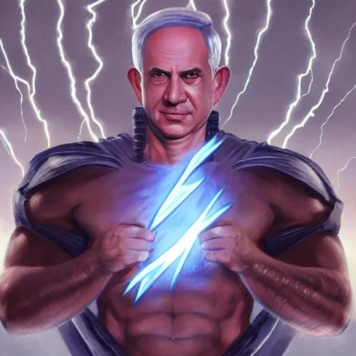 Image similar to benjamin netanyahu as the greek god of lightning, lightning bolts, highly detailed, ultra clear, by artgerm and greg rutkowski