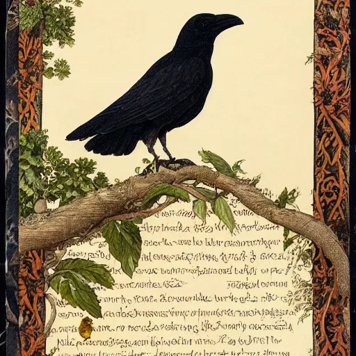 Image similar to beautifully detailed animal portrait of a detailed raven looking at a book laid out on a golden silk cloth, in a serene beautiful stone arched garden at beautiful sunrise by john james audubon and sidney cooper and frederic leighton and rosetti and william morris, 4 k, artstation